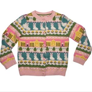 Mini Boden Pink and Teal Easter Bunny Whimsical Knit Cardigan